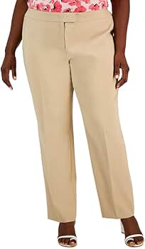 Anne Klein Womens Plus High Rise Khaki Straight Leg Pants